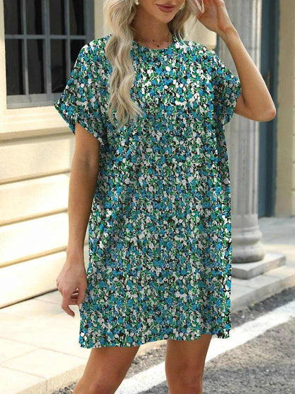 Printed Round Neck Short Sleeve Mini Dress - Purcell's Clothing Company
