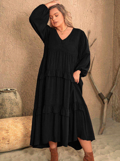 Plus Size Ruffled V-Neck Long Sleeve Dress - Purcell's Clothing Company