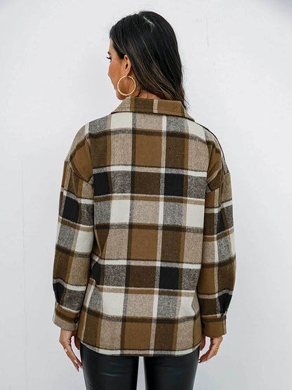 Shiny Plaid Button Up Collared Neck Jacket - Purcell's Clothing Company