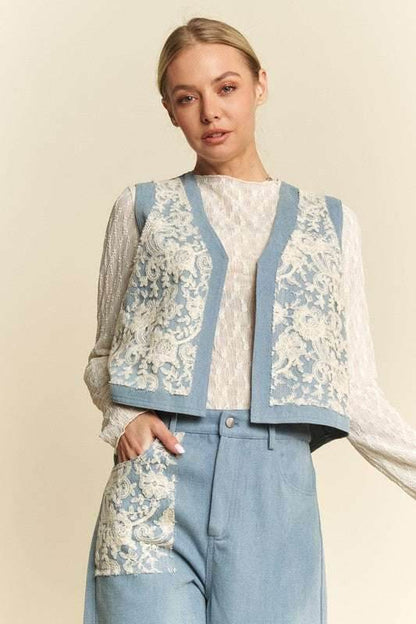Davi & Dani Lace Patch Open Front Denim Vest - Purcell's Clothing Company