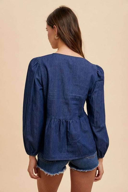 Annie Wear Tie Front Peplum Long Sleeve Denim Top - Purcell's Clothing Company