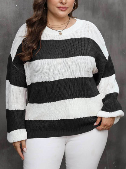 Plus Size Striped Round Neck Long Sleeve Sweater - Purcell's Clothing Company