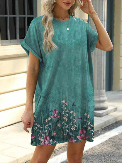 Printed Round Neck Short Sleeve Mini Dress - Purcell's Clothing Company