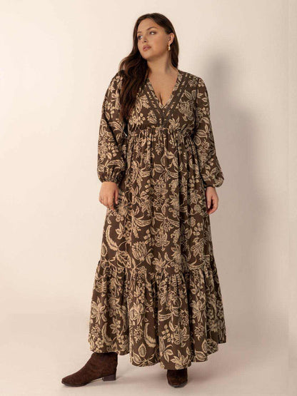 Plus Size Printed V-Neck Balloon Sleeve Maxi Dress - Purcell's Clothing Company