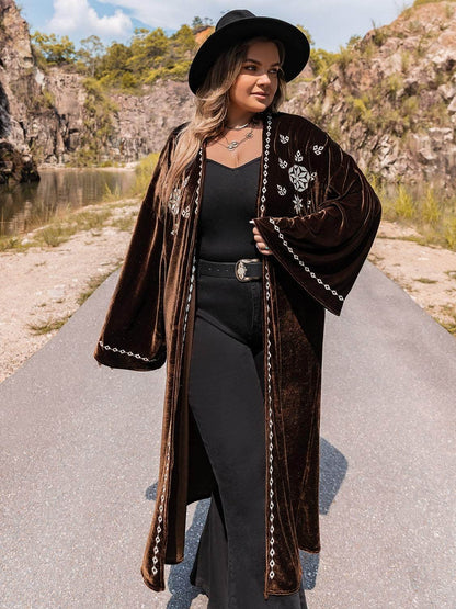 Plus Size Embroidery Open Front Long Sleeve Cardigan - Purcell's Clothing Company