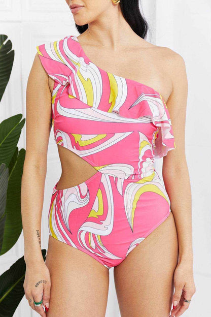 Marina West Swim Vitamin C Asymmetric Cutout Ruffle Swimsuit in Pink - Purcell's Clothing Company