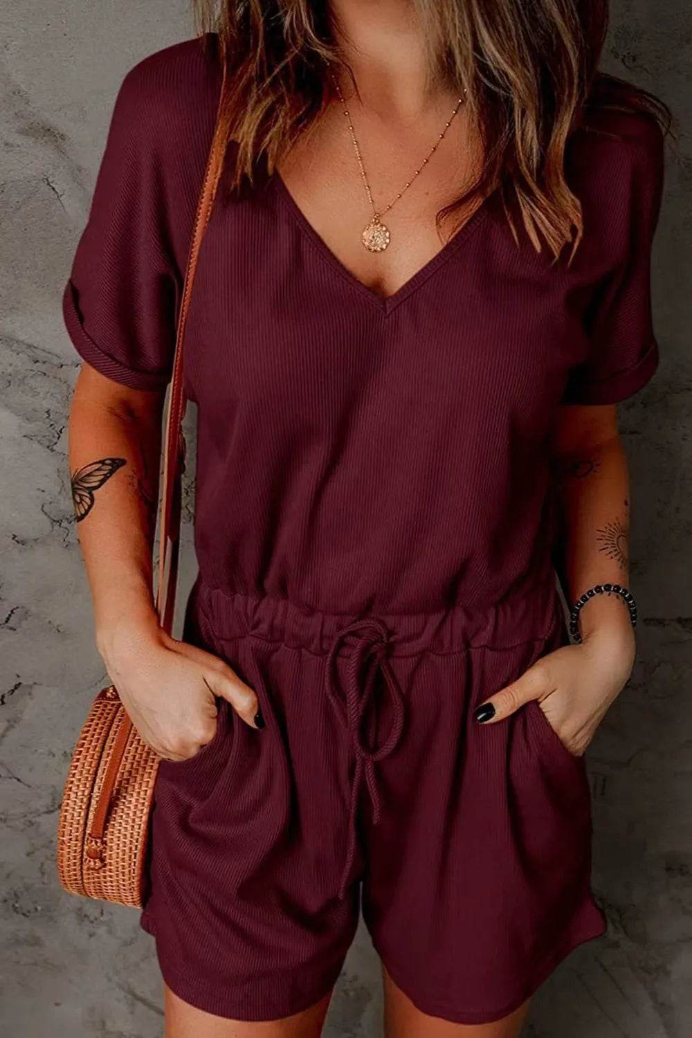 Full Size Drawstring V-Neck Short Sleeve Romper - Purcell's Clothing Company