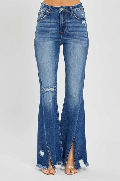 RISEN Full Size High Rise Front Slit Frayed Hem Flare Jeans - Purcell's Clothing Company