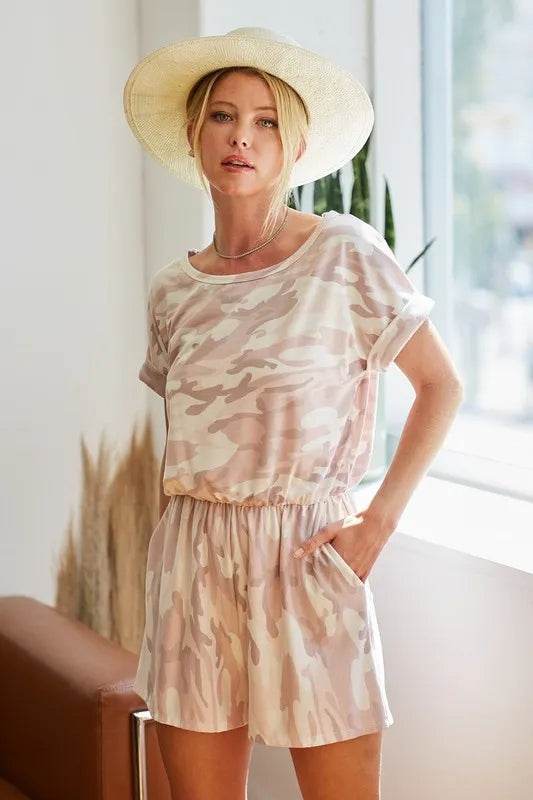 BiBi Camo Print French Terry Romper with Side Pockets - Purcell's Clothing Company