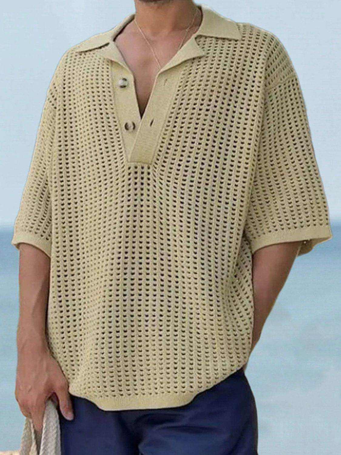 Men's Plus Size Openwork Collared Neck Quarter Button Knit Polo - Purcell's Clothing Company