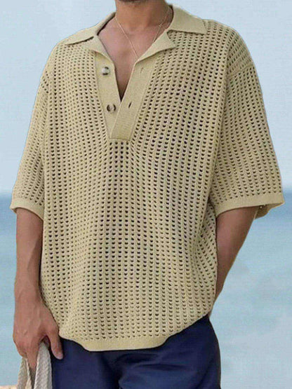 Men's Plus Size Openwork Collared Neck Quarter Button Knit Polo - Purcell's Clothing Company