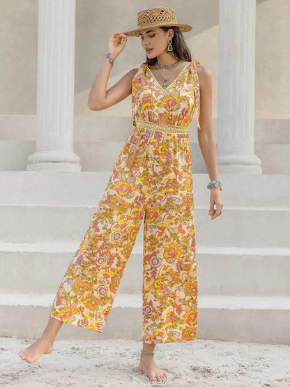 Printed V-Neck Tie Shoulder Jumpsuit - Purcell's Clothing Company