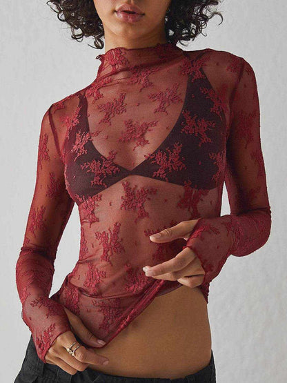 Lace Mock Neck Long Sleeve Blouse - Purcell's Clothing Company