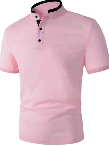 Pink stand collar contrast short sleeve polo shirt with black trim and buttons