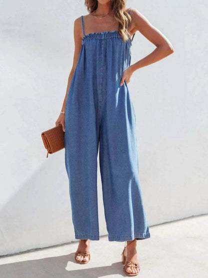 Spaghetti Strap Wide Leg Denim Jumpsuit - Purcell's Clothing Company