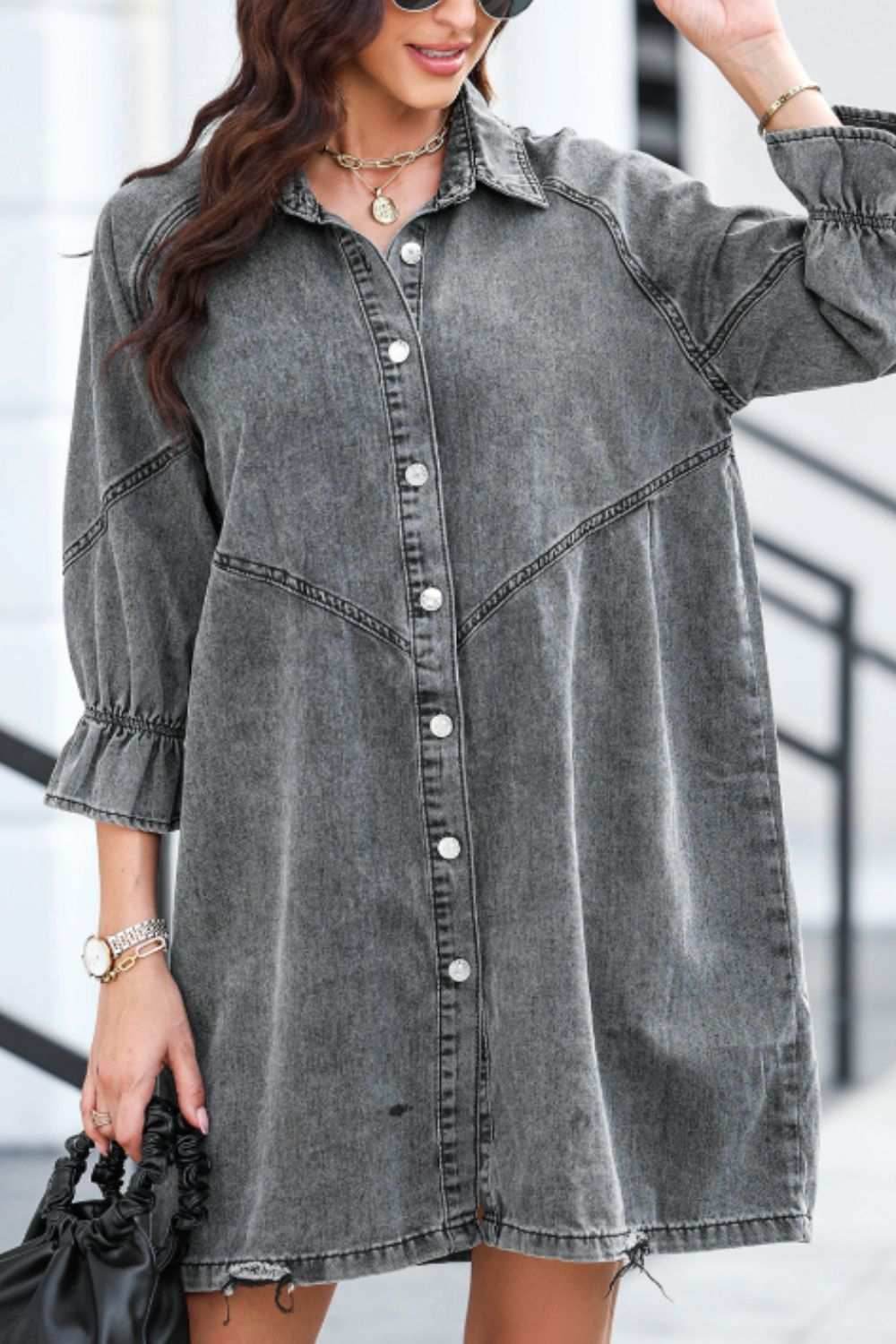 Distressed Collared Neck Flounce Sleeve Denim Dress - Purcell's Clothing Company
