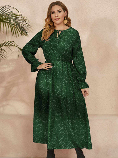 Honey Plus Size Ruffled Polka Dot Long Sleeve Midi Dress - Purcell's Clothing Company