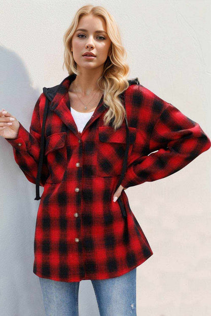 Double Take Drawstring Plaid Long Sleeve Hooded Shacket - Purcell's Clothing Company