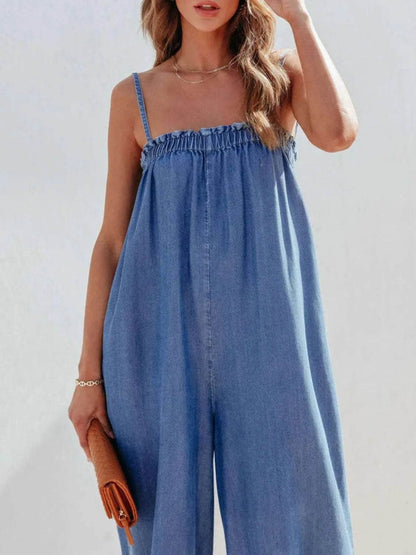 Spaghetti Strap Wide Leg Denim Jumpsuit - Purcell's Clothing Company