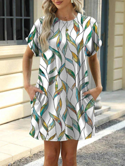 Printed Round Neck Short Sleeve Mini Dress - Purcell's Clothing Company