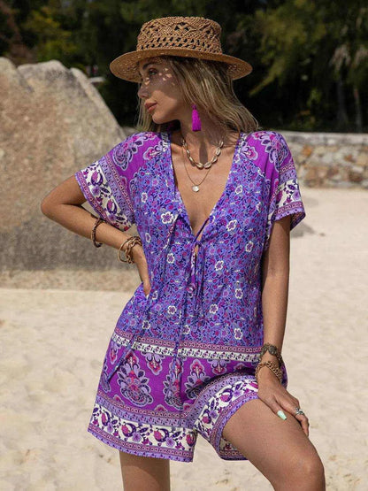 Tied Printed Short Sleeve Romper - Purcell's Clothing Company