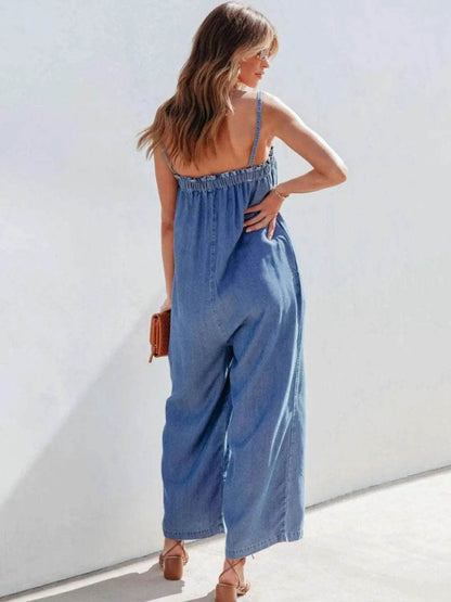 Spaghetti Strap Wide Leg Denim Jumpsuit - Purcell's Clothing Company