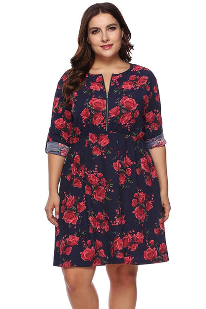 Plus Size Floral Print Half Zip Up Dress - Purcell's Clothing Company
