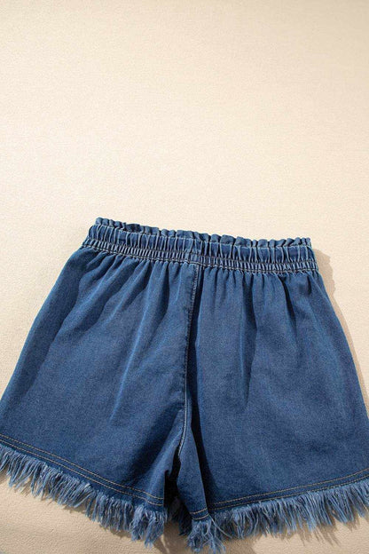 Raw Hem Drawstring High Waist Denim Shorts with Pockets - Purcell's Clothing Company