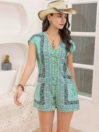 Printed V-Neck Cap Sleeve Romper - Purcell's Clothing Company