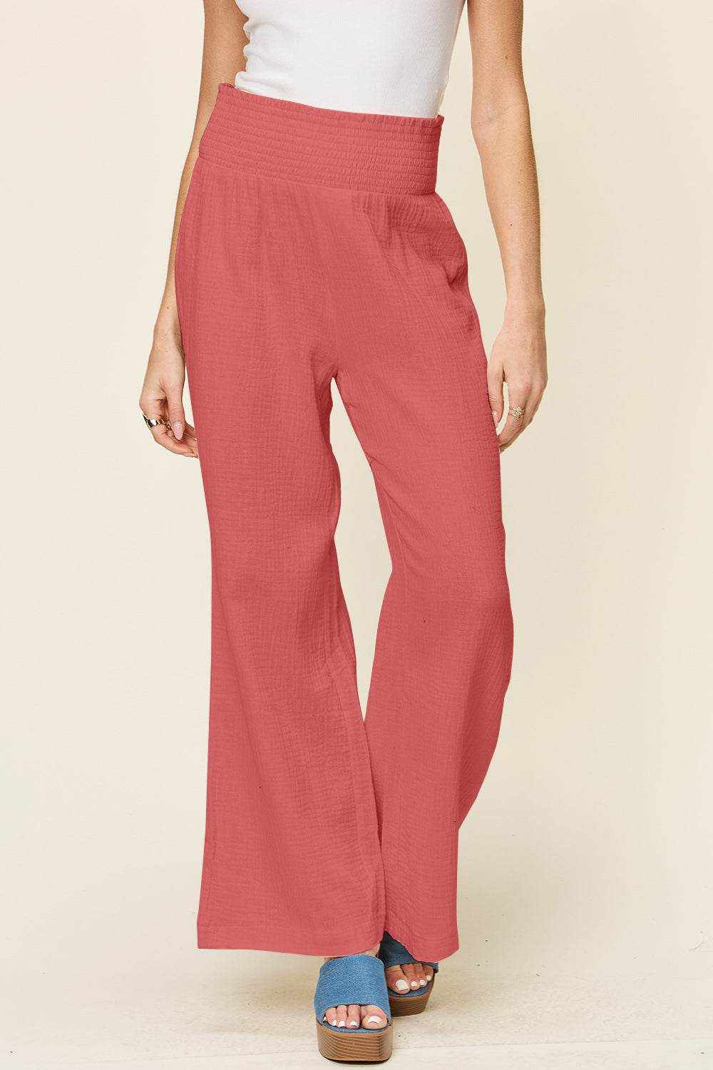Double Take Full Size Texture Smocked Waist Wide Leg Pants - Purcell's Clothing Company