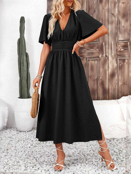 Side Slit Surplice Flutter Sleeve Midi Dress - Purcell's Clothing Company