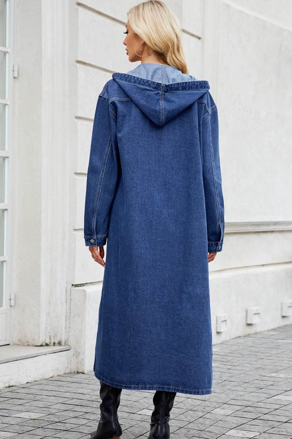Button Up Long Sleeve Longline Hooded Denim Outerwear - Purcell's Clothing Company