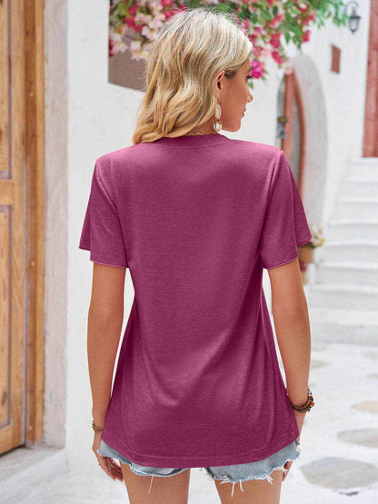 Double Take Ruched V-Neck Short Sleeve T-Shirt - Purcell's Clothing Company