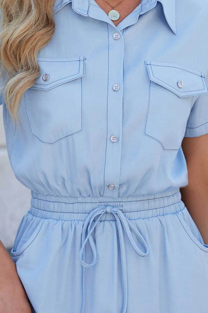Drawstring Collared Neck Short Sleeve Denim Dress - Purcell's Clothing Company