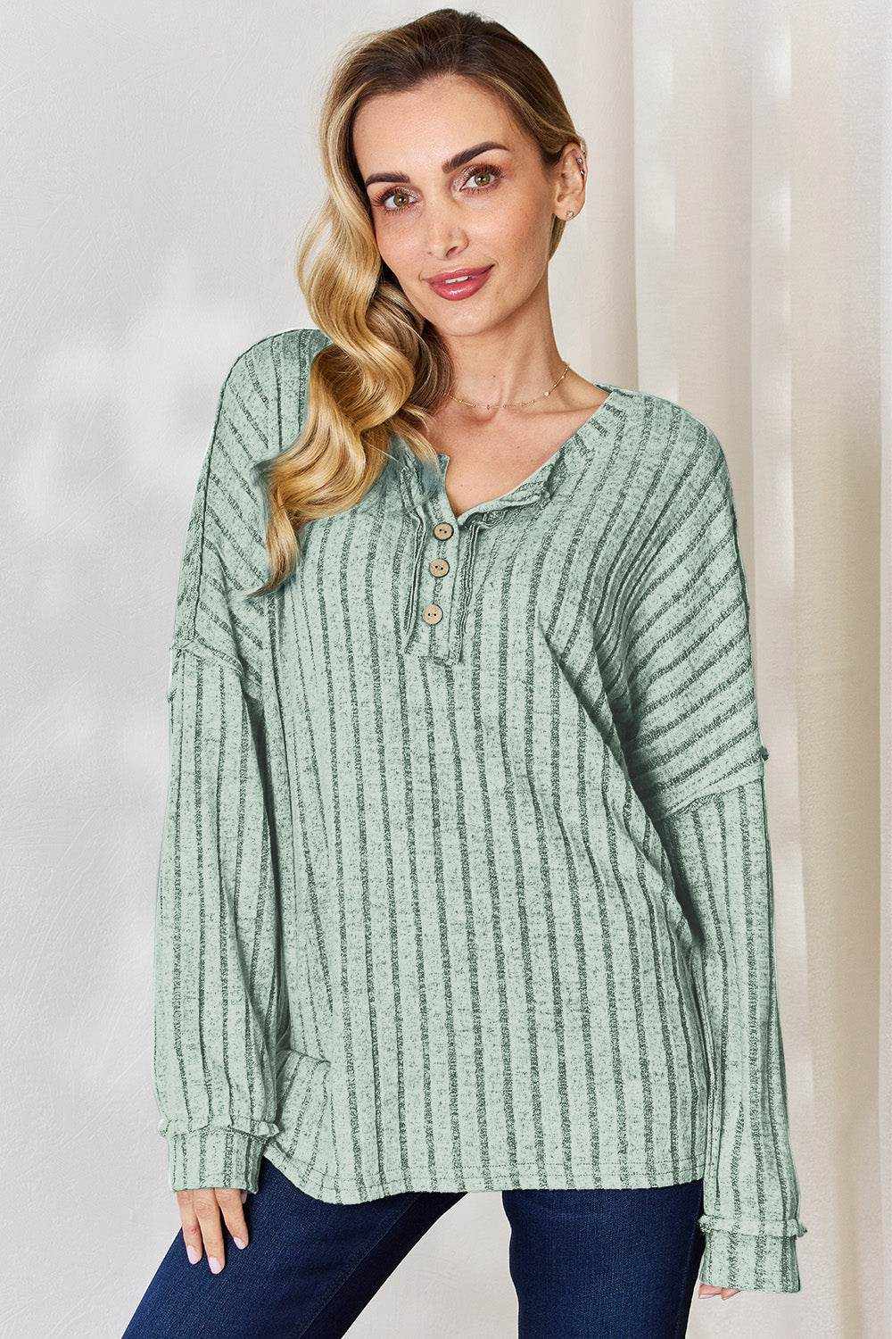 Basic Bae Full Size Ribbed Half Button Long Sleeve T-Shirt - Purcell's Clothing Company