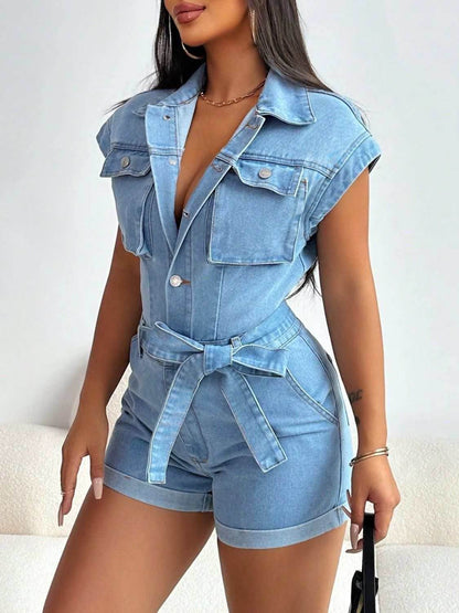 Tie Waist Cap Sleeve Denim Romper - Purcell's Clothing Company