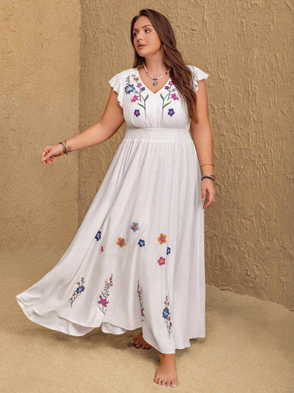 Plus Size Embroidered Floral V-Neck Cap Sleeve Maxi Dress - Purcell's Clothing Company