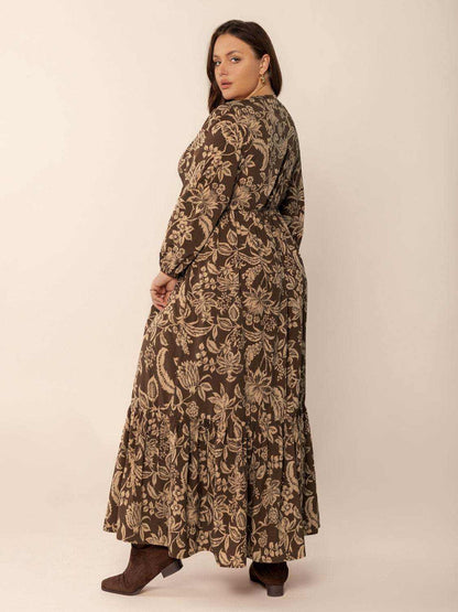 Plus Size Printed V-Neck Balloon Sleeve Maxi Dress - Purcell's Clothing Company