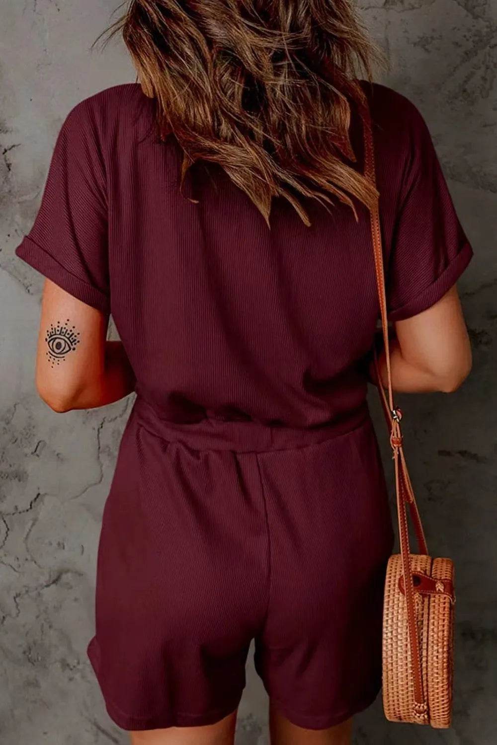 Full Size Drawstring V-Neck Short Sleeve Romper - Purcell's Clothing Company