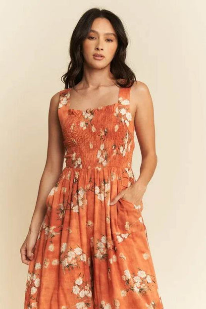 Davi & Dani Floral Ruffle Square Neck Smocking Bodice Jumpsuit - Purcell's Clothing Company