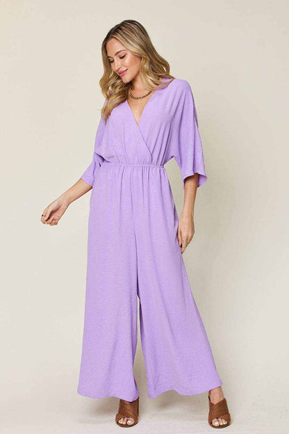Double Take Full Size Surplice Wide Leg Jumpsuit with Pockets - Purcell's Clothing Company