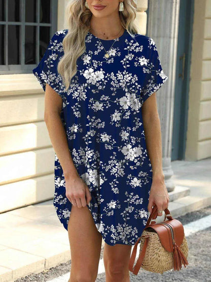 Printed Round Neck Short Sleeve Mini Dress - Purcell's Clothing Company
