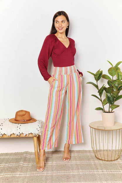 Double Take Striped Smocked Waist Pants with Pockets - Purcell's Clothing Company