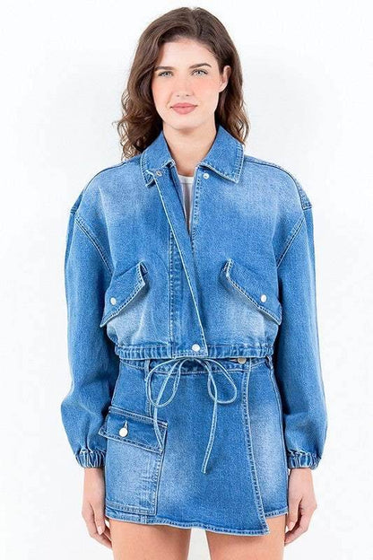 American Bazi Full Size Drop Shoulder Cropped Denim Jacket with Waist Strap Plus Size - Purcell's Clothing Company