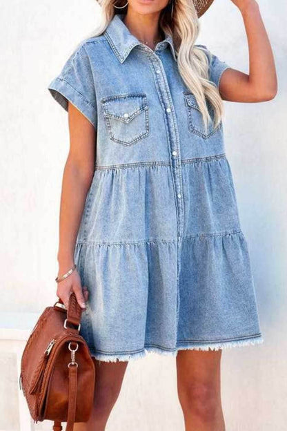 Raw Hem Button Down Denim Mini Dress - Purcell's Clothing Company