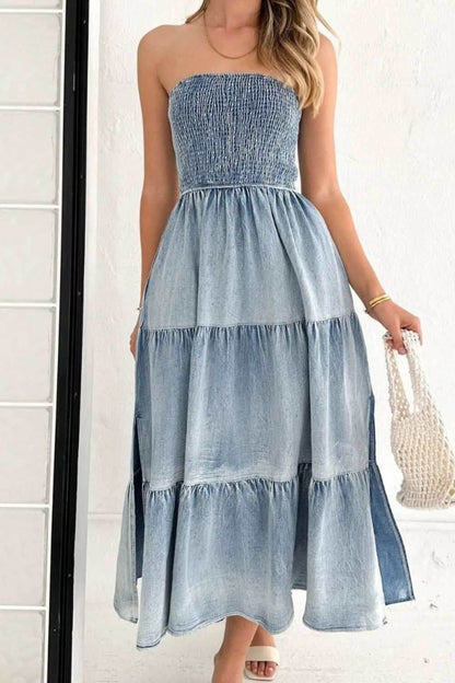 Smocked Tube Slit Tiered Denim Dress - Purcell's Clothing Company