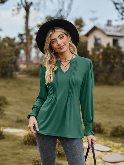 Notched Neck Flounce Sleeve Blouse - Purcell's Clothing Company