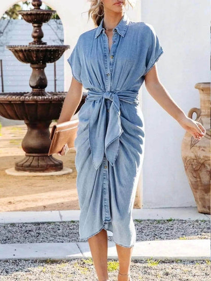 Collared Neck Tie Waist Short Sleeve Denim Dress - Purcell's Clothing Company