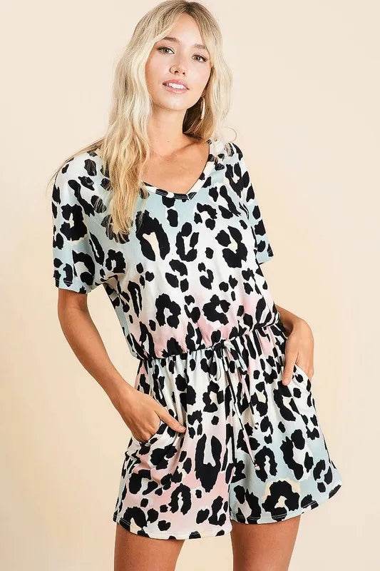 BiBi Gradation Leopard Soft Knit V-neck Romper - Purcell's Clothing Company