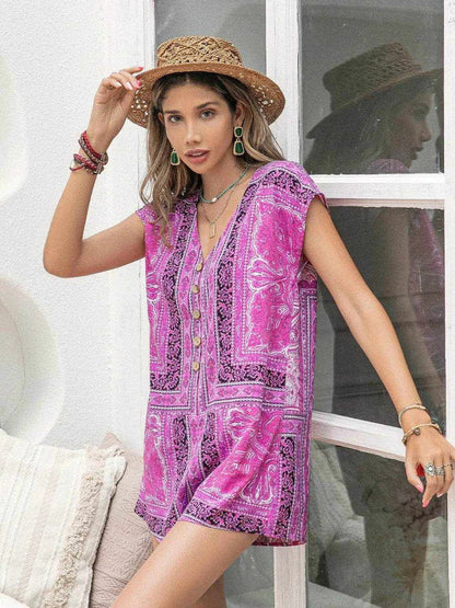 Printed V-Neck Cap Sleeve Romper - Purcell's Clothing Company